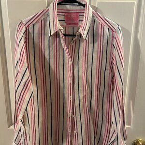 Charles Tyrwhitt Women's Long Sleeve White/Pink Striped 100% Linen Top ~ Size: 8
